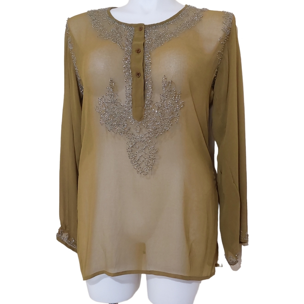Baba Clothing Los Angeles Olive Green Sheer Silver Beaded Long Tunic Blouse